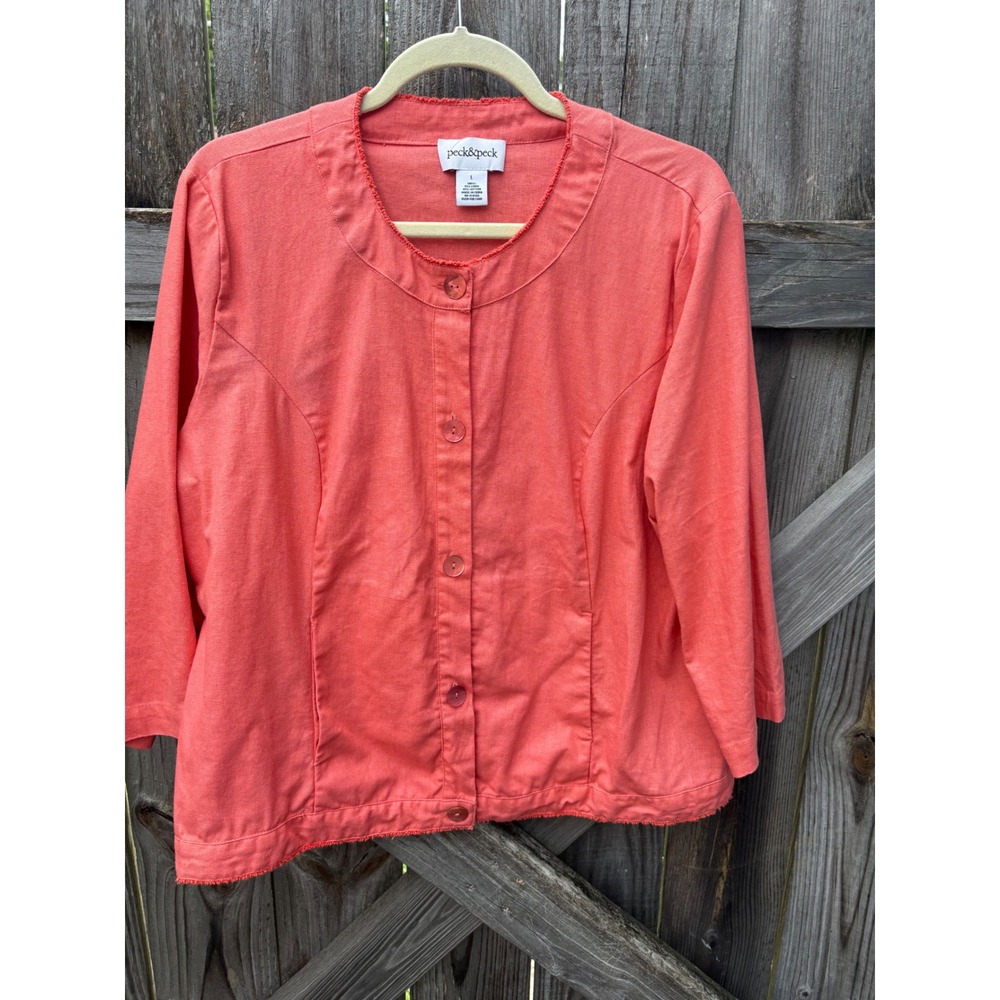 Peck & Peck Coral Orange Linen Cotton Button Front Jacket Fringe Trim Size‎ L